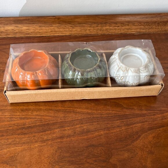 Harvest Treasures Porcelain Candle Holder Set 3 Pumpkins w/ Fall Phrases Decor - Picture 3 of 11